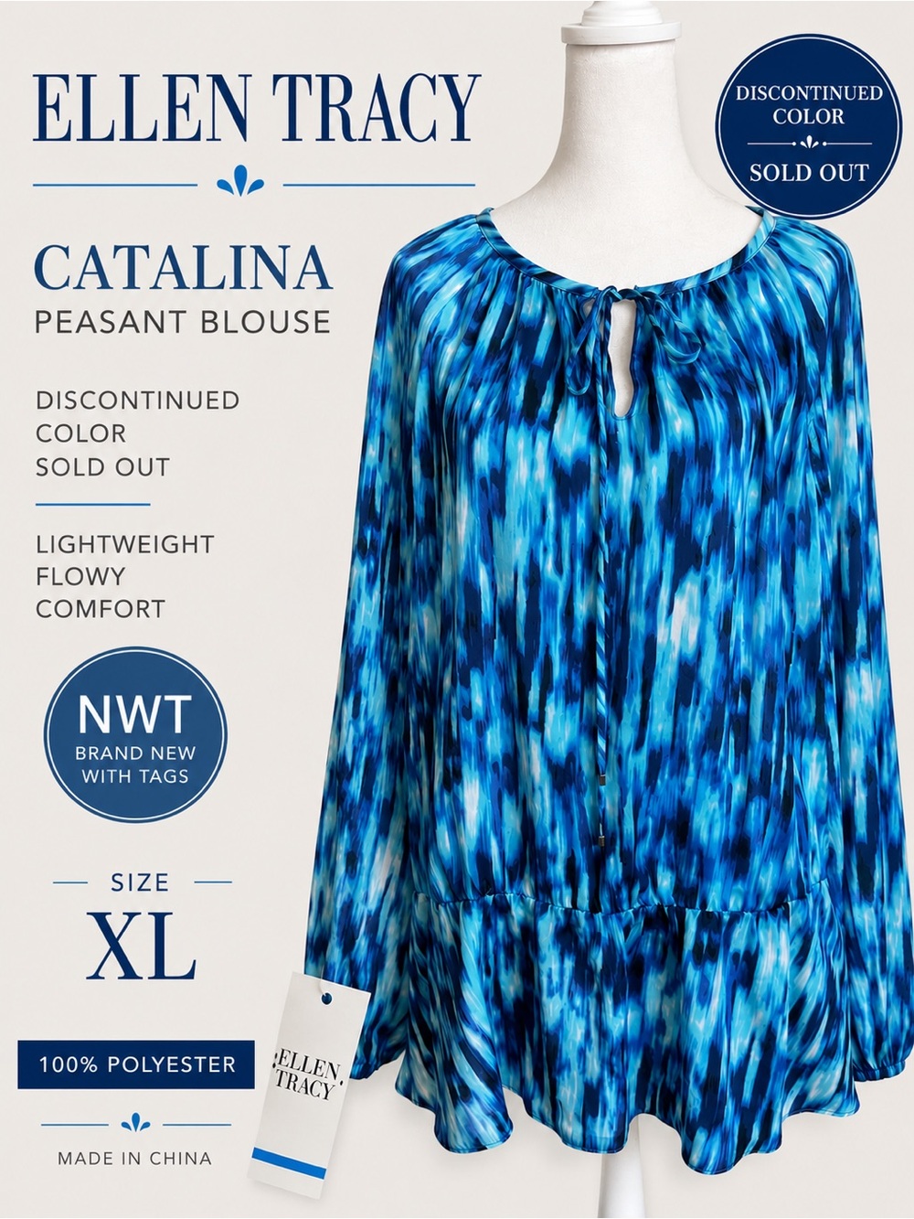 Ellen Tracy Catalina Peasant Blouse/Bathing Suit Cover up in Blue Multi